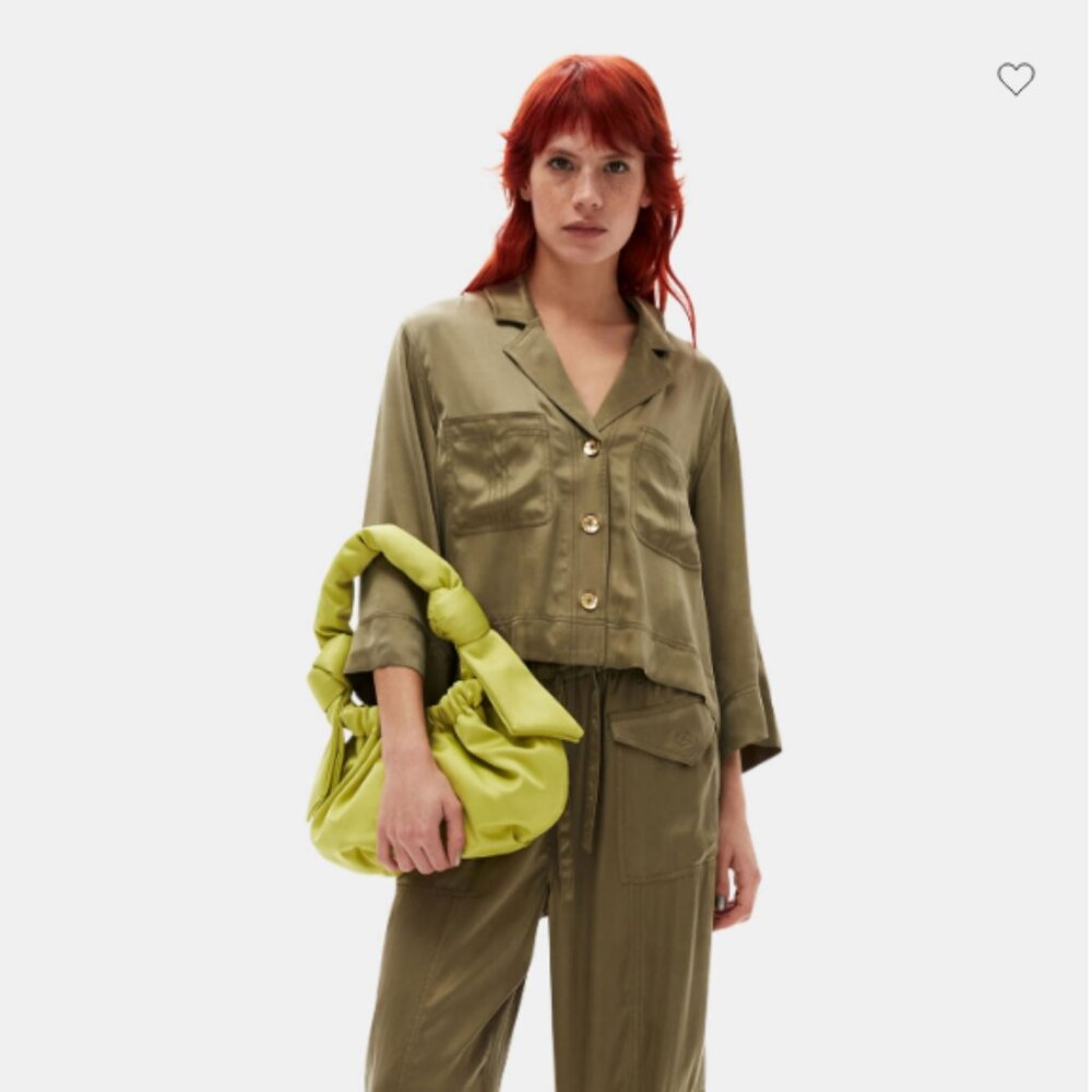NWOT GANNI Washed Satin Crop Shirt $275 Olive Green EU 44 US 14